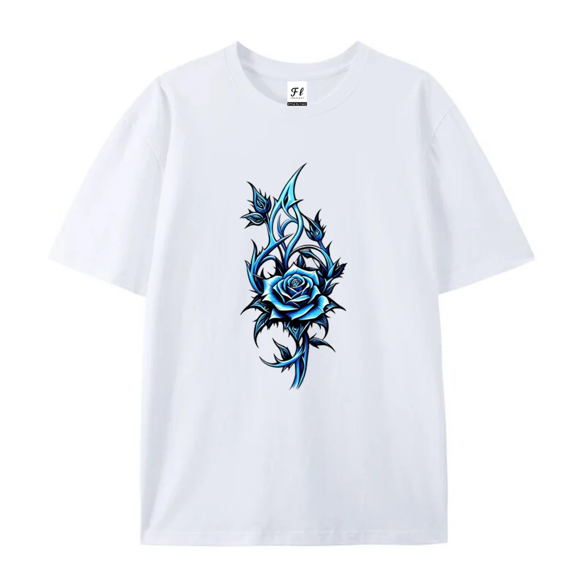 Women Short Sleeve T Shirt Gothic Tattoo Style Blue Rose Thorn Vine Floral Graphic Tee Punk Dark Streetwear Casual Summer Tops