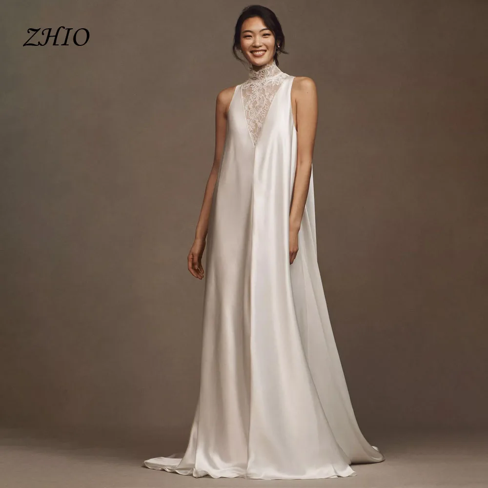 ZHIO Exquisite Halter Lace Wedding Dress Satin Floor Length Straight Bridal Gowns Vestidos De Novia Customized Exquisite