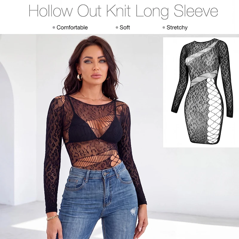 1 PC Long Sleeve Hollow Out See-through Top Sexy Fishnet Top Women Summer Beachwear Cover Up Swimwear without Bikini Y2K Style