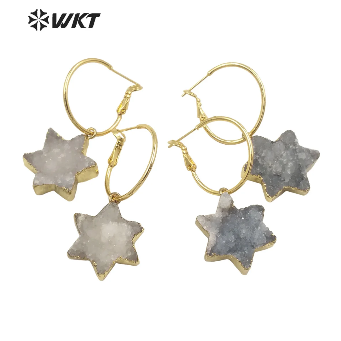 WKT-E739  WKT 2023 Beautiful Style Druzy Quartz Earring Maple Leaf Shape Gold Plated Jewelry For Women Hot