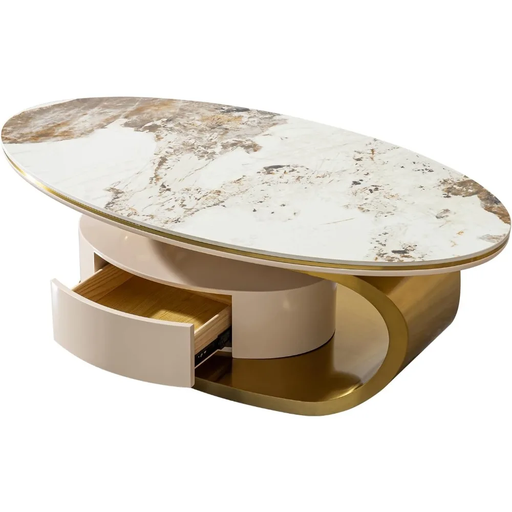 طاولة قهوة رخامية بيضاوية، طاولة غرفة معيشة ذهبية حديثة مع درجين، سطح حجري متكلس مقاس 51 بوصة وقاعدة من الفولاذ المقاوم للصدأ باللون الذهبي غير اللامع
