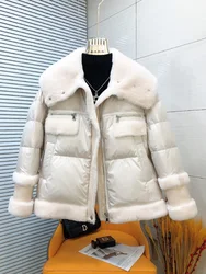 Casaco de ganso de inverno quente feminino, casaco de pele de ovelha Merino natural, outwear feminino grosso, puffer jacket, 2022