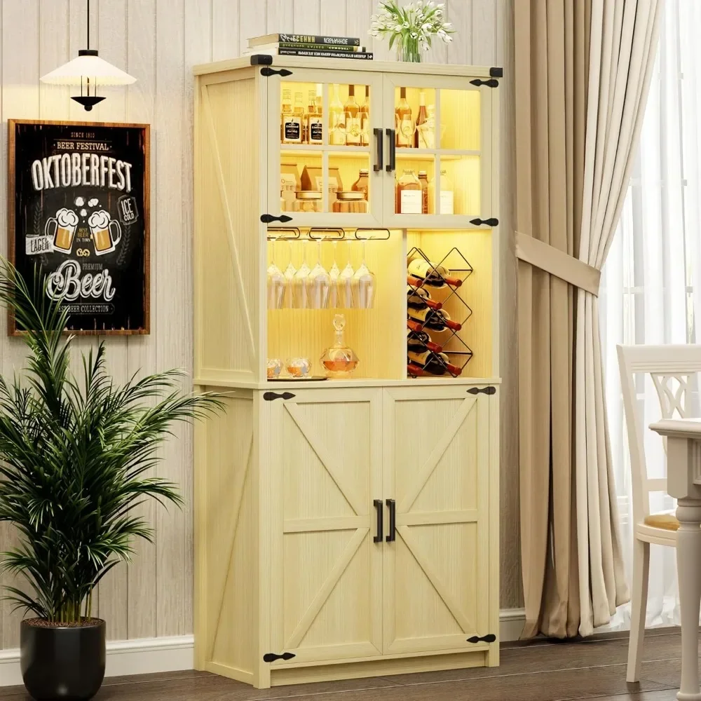 

Farmhouse Bar Cabinet with LED Light, 68'' Tall Liquor Cabinets with Wine & Glass Holder, Bar Cabinet