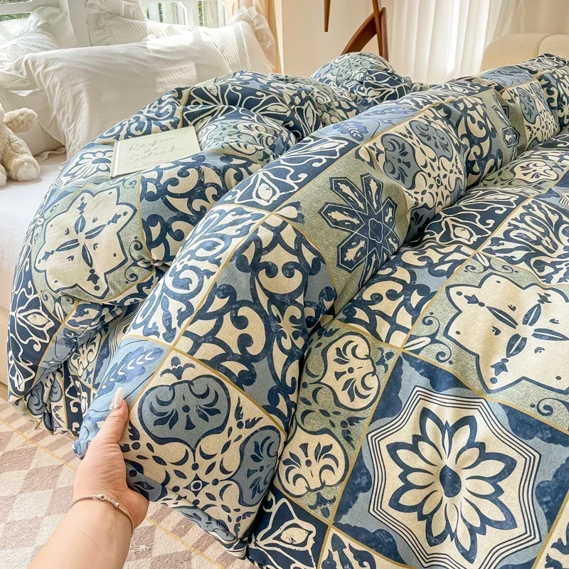 100% Cotton Moroccan Blue Duvet Cover Bohemian Bedding for Men and Women Super Soft Skin-friendly Queen King Comforter Cover 1pc