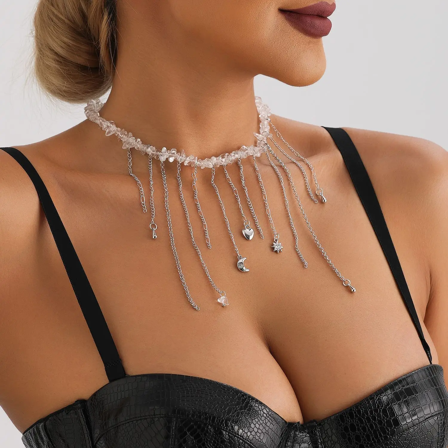 

New Fashion Starmoon Fringe Pendant Transparent Stone Beaded Necklace for Women Holiday Gift Jewelry Trendy Accessories