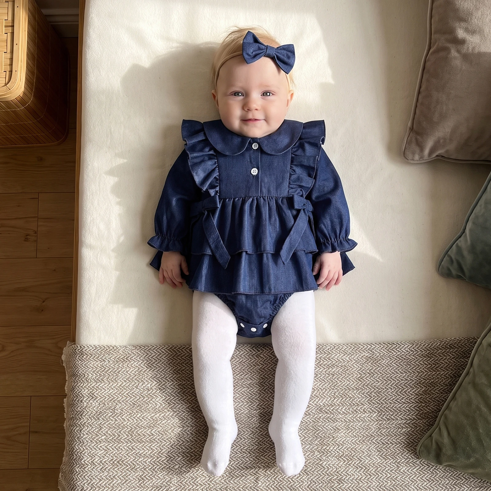 Infant Girl Outfit Puff Long Sleeve Denim Romper Dress and Bow Headband Set