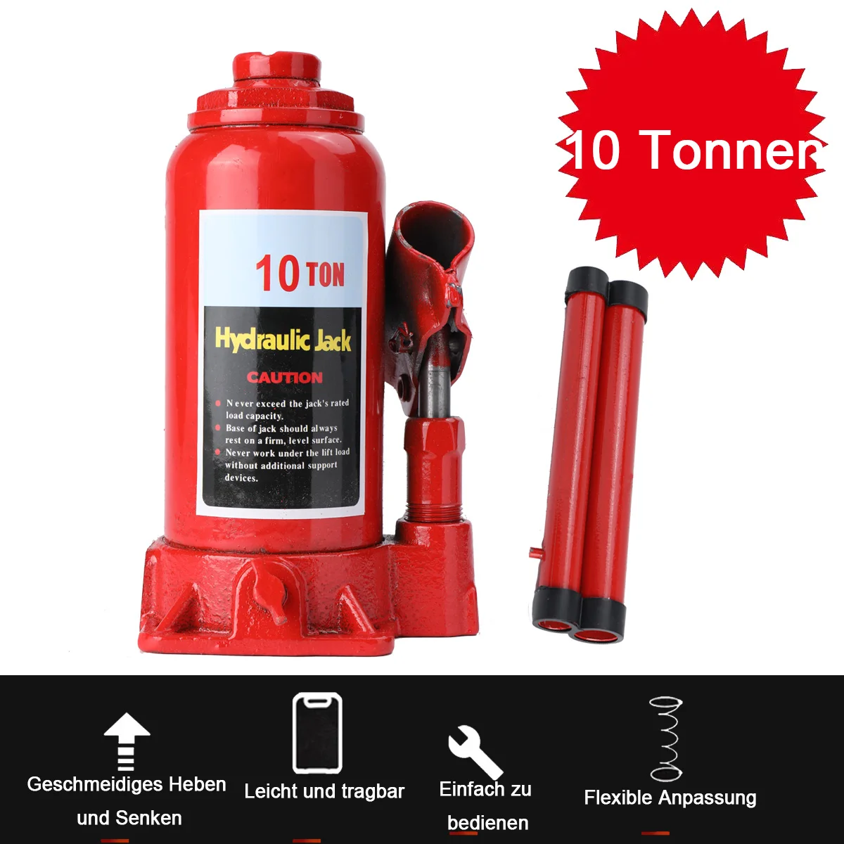 Martinetto idraulico a bottiglia da 10 tonnellate/20 tonnellate con asta a vite regolabile, martinetto in ferro rosso, altezza 20-38,5 cm, per auto, camion, SUV e furgoni, con doppi anelli di tenuta e