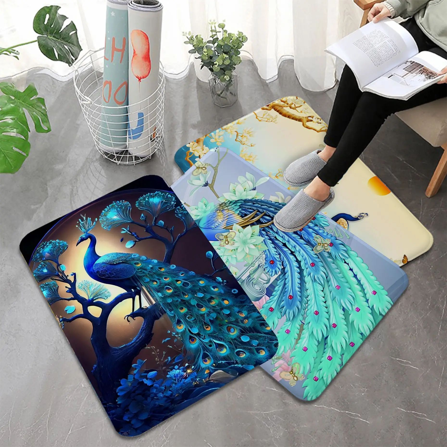 Exquisite Peacock Animal Room Mats Cheaper Anti-slip Modern Living Room Balcony Printed Bedside Mats