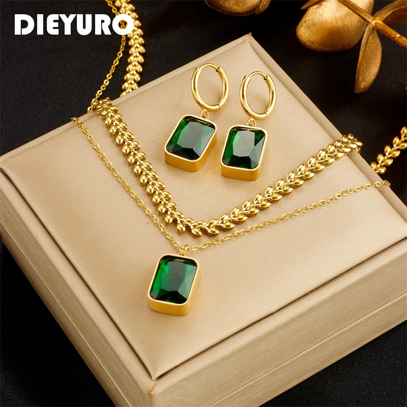 DIEYURO 316L Stainless Steel Square Luxury Green Crystal Zircon Necklace Earrings For Women Fashion Non-fading Chain Jewelry Set