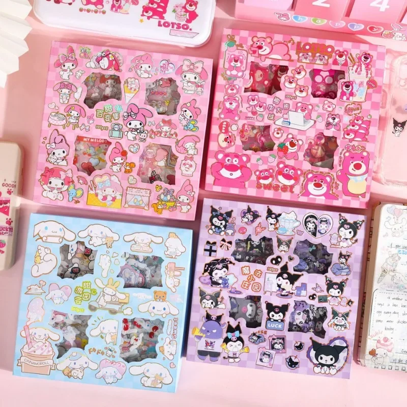 Hello Kitty Sanrio Non-Repeating 100-Piece Sticker Set Cinnamoroll Kuromi Waterproof Stationery Box Birthday Gift Sticker Gift