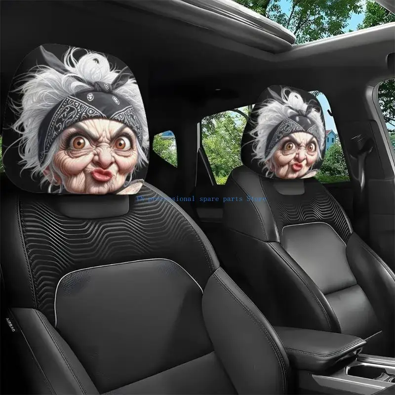 41XA Playful Grandma Face Car Headrest Protector Guard Cover Cozy Polyester Neck Pillow Easy To Install In Any Vehicle 1 Pair