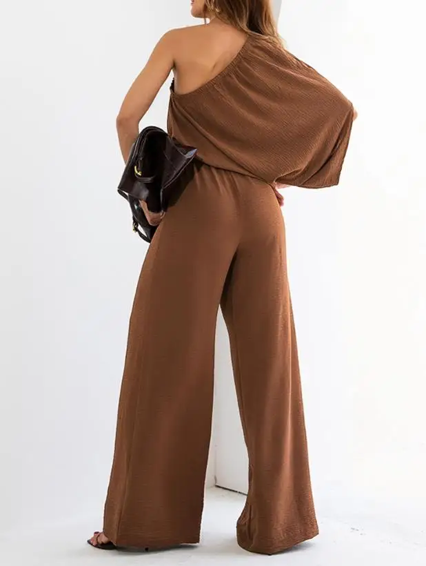 Jumpsuit Women 2025 Spring New Solid Color Cold Shoulder Batwing Sleeve Waist Lace Up Long Jumpsuit Casual Wide Leg Romper