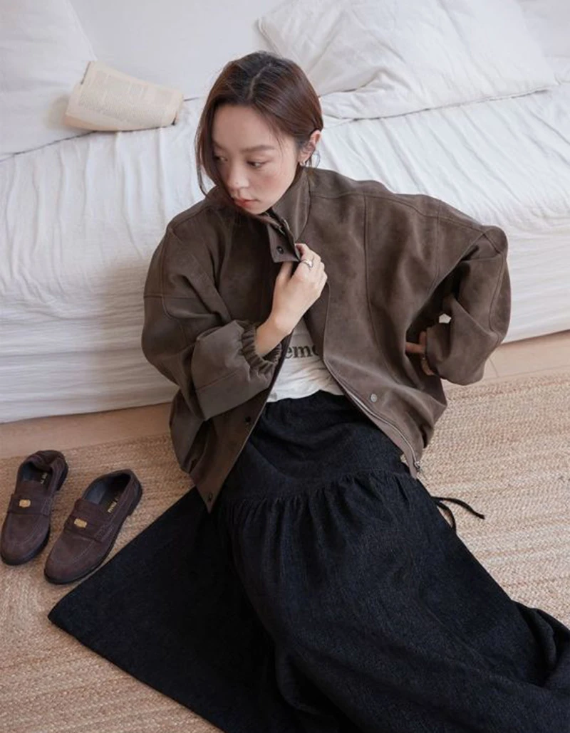 Retro Matte Suede Women Jacket Stand Collar Zip Up Oversized Coat Drop Shoulder Pockets Elastic Hem Y2K Grunge Streetwear Top