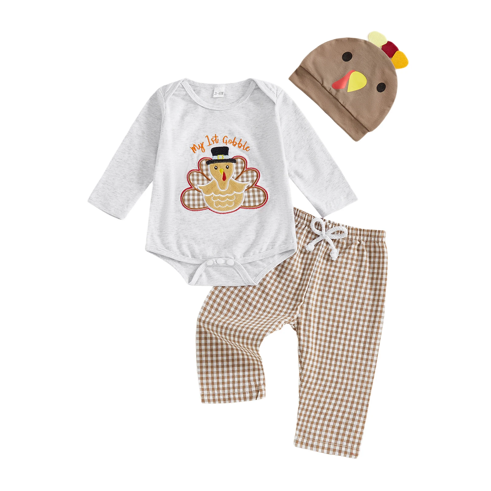 

Baby Boys 3Pcs Thanksgiving Outfits Long Sleeve Romper with Plaid Pants Hat Set Newborn Clothes