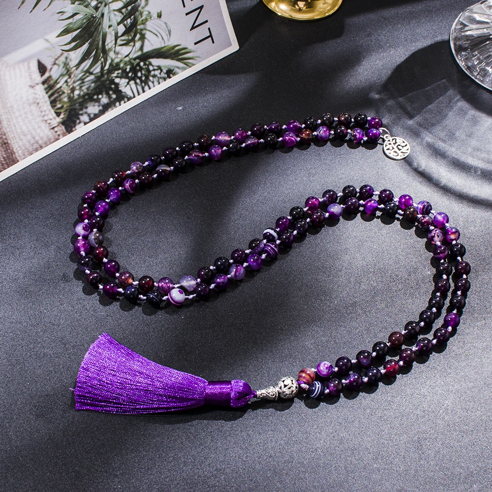 8mm Purple Striped Agate Knotted 108 Mala Beaded Necklace Meditation Yoga Prayer Japamala Jewelry with Tassel Rosary