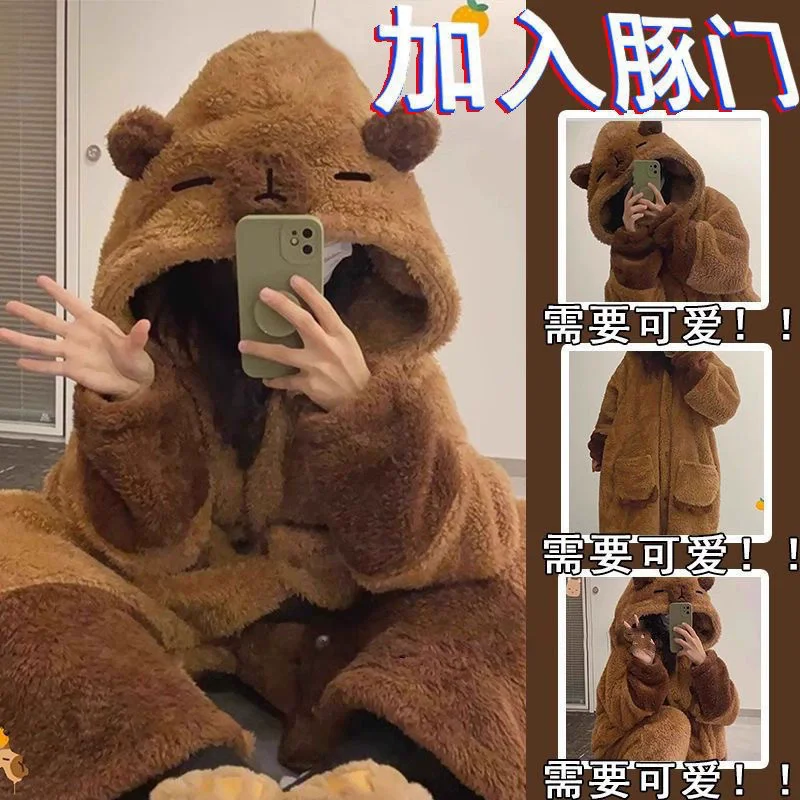

Flannel Cartoon Long Robes Pajama Winter Thicken Coral Fleece Homewear Women Capybara Sleepwear Cosplay Halloween Suits
