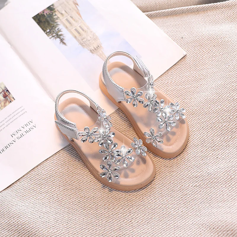 3-12 Year Girls Sandals Summer Fashion New Children Soft Soled Beach Shoes Non-slip Transparent Rhinestones Kids Princess Sandal