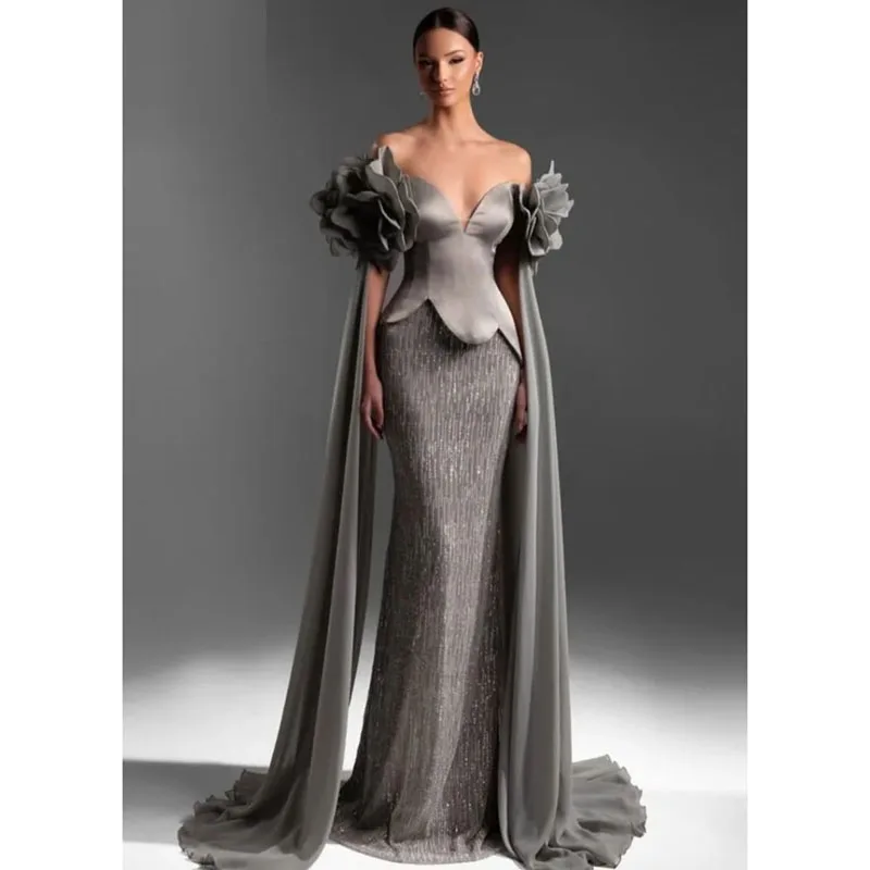 EVS Customized Off Shoulder Gray Evening Dresses Chic Mermaid Prom Dress 2026 Glitter Floor-Length Wedding Party Formal Gowns