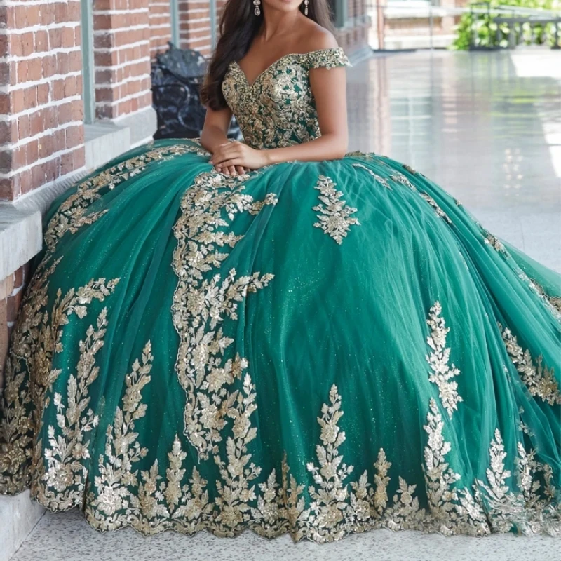 

Green Shiny Quinceanera Dress Ball Gown Off The Shoulder Gold Lace Applique Beading Tull Birthday Party Sweet 16 Vestidos De 15