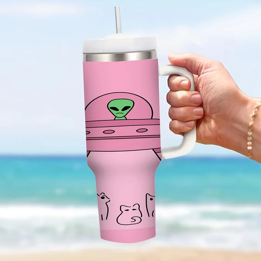 40oz Large Capacity Insulated Tumbler with Handle, Cute Alien UFO Abduct Cat Print, Suitable for Everyone All Year Round, Keeps Drinks Hot Or Cold for Daily Use And Outdoor Travel