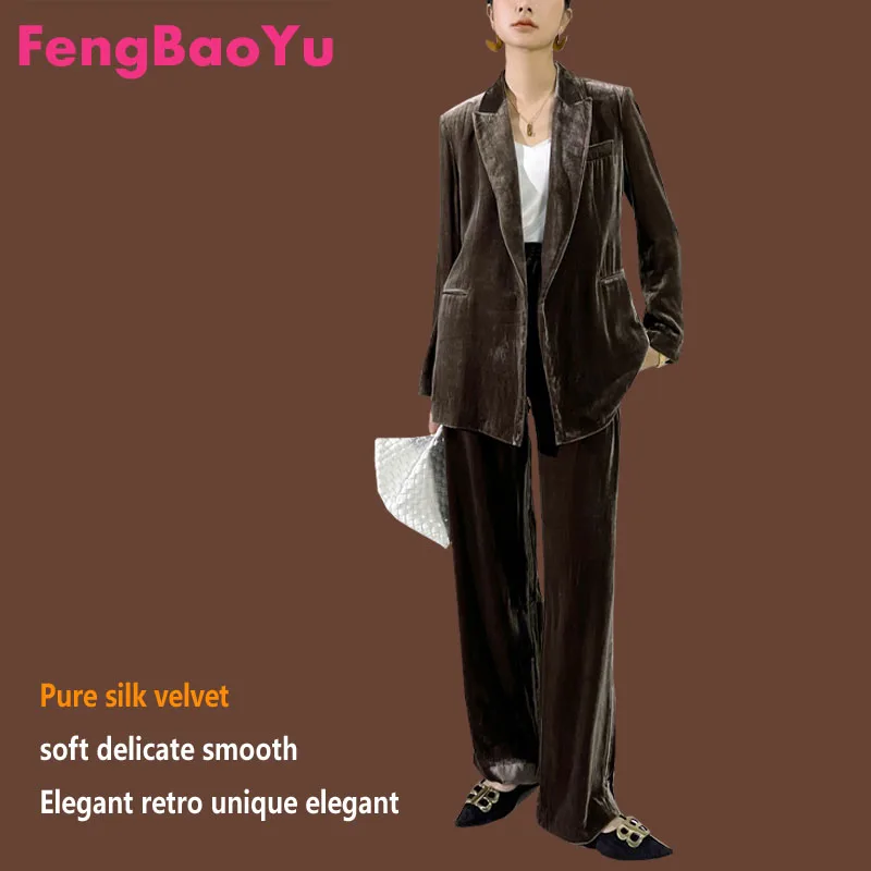 

Fengbaoyu Luxury Silk Velvet Women's Suit - Formal Business Pants and Long-Sleeved Jacket for Urban Fashion and Leisure