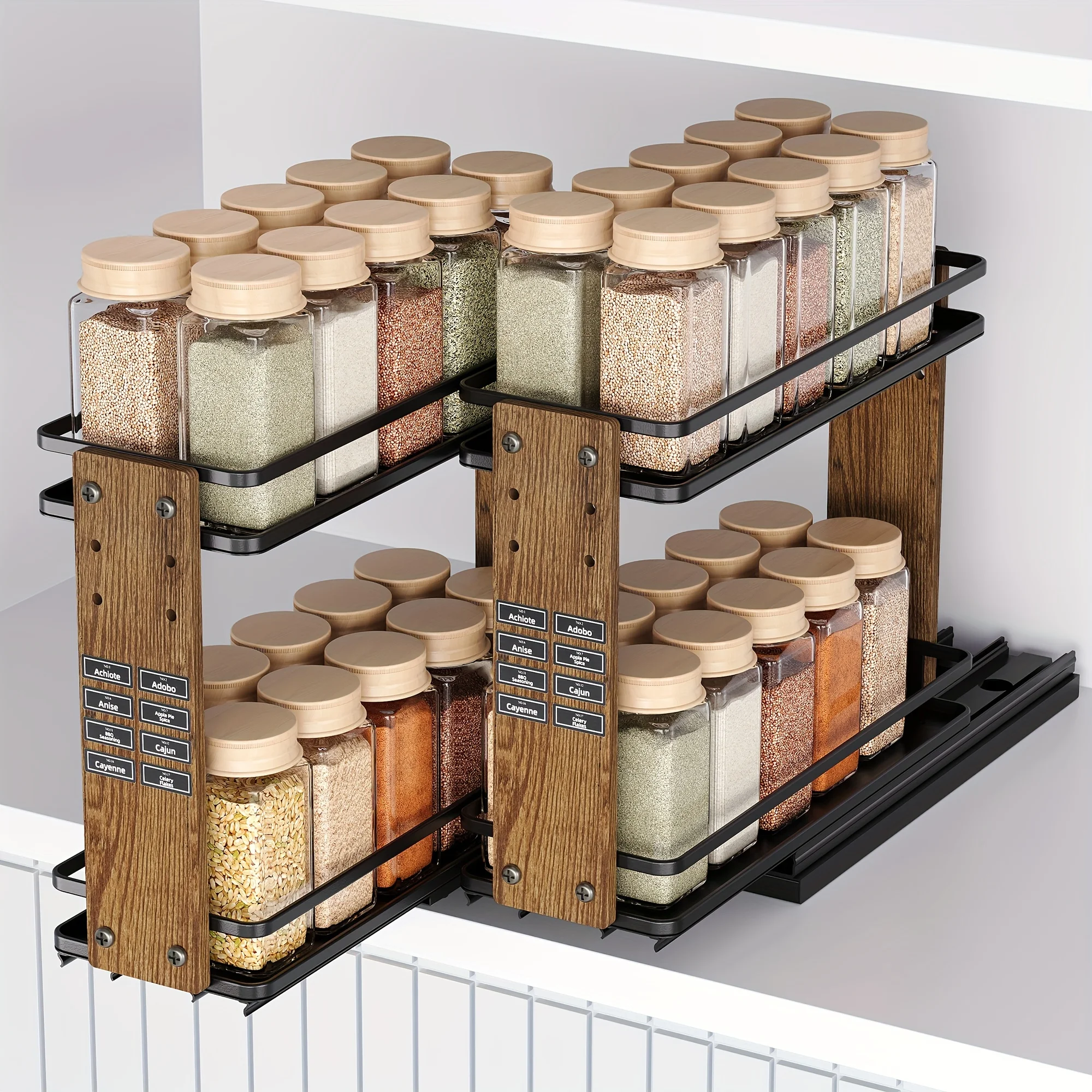 

2pcs Double Tier Adjustable Height Pull Out Spice Rack For Cabinets - Adjustable L-Shaped Spice Rack Storage Counter