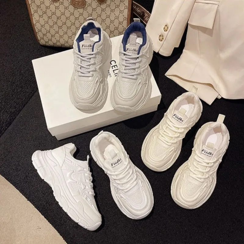 

2025 Women New Fashion Platform Sport Shoes Women Summer Solid Color Casual Chunky Sneakers Women Mesh Leather Platform Shoes