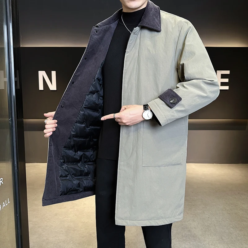 New Arrival 2026 Winter Men's Mid Length Duck Down Jacket Turn-Down Collar Single Breasted Button Thick Warm Casual Puffer Coats