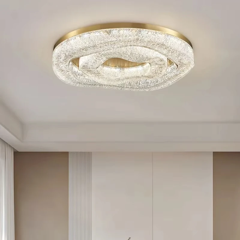 Luz nórdica de lujo para sala de estar, luz de techo de cristal, brillo dorado, redondo, cobre, comedor, decoración del hogar, accesorio de iluminación LED