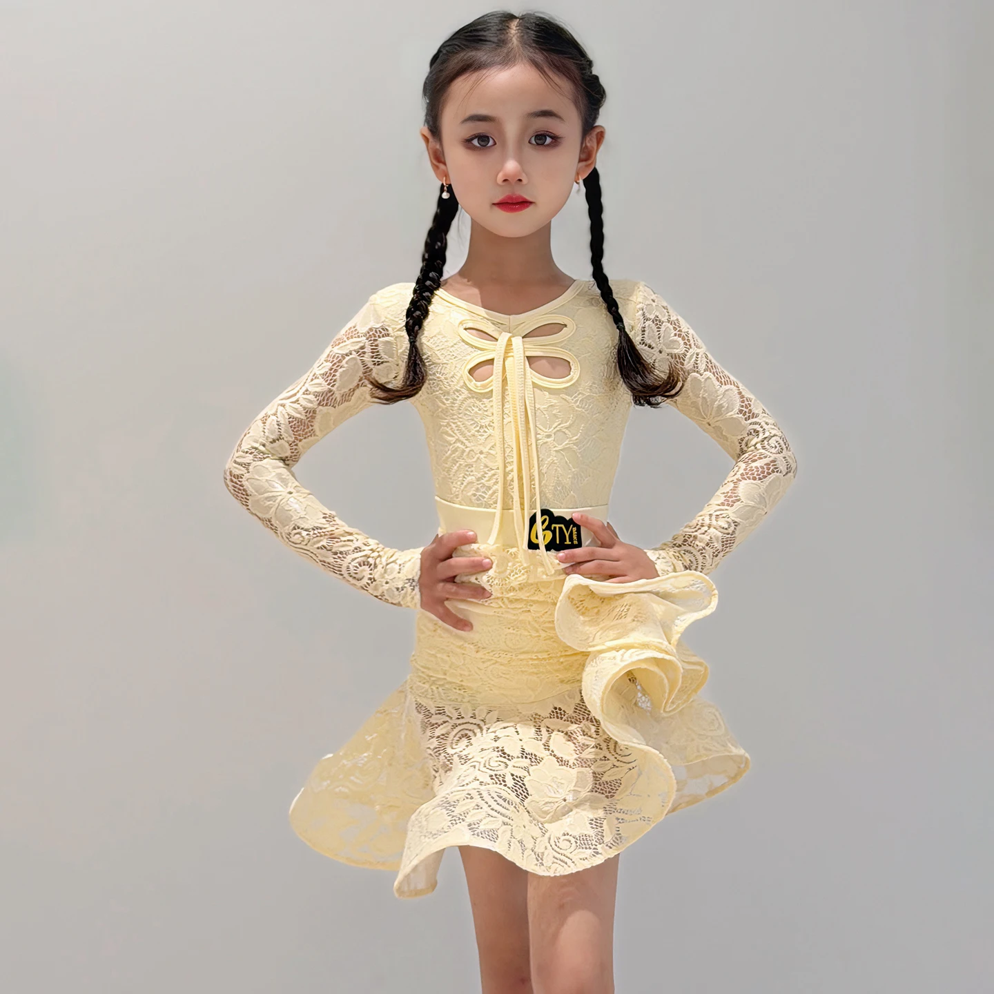 Vêtements de danse pour enfants, concours de danse latine jaune, manches longues, robe de danse de salle de bal, costumes de scène SL14599