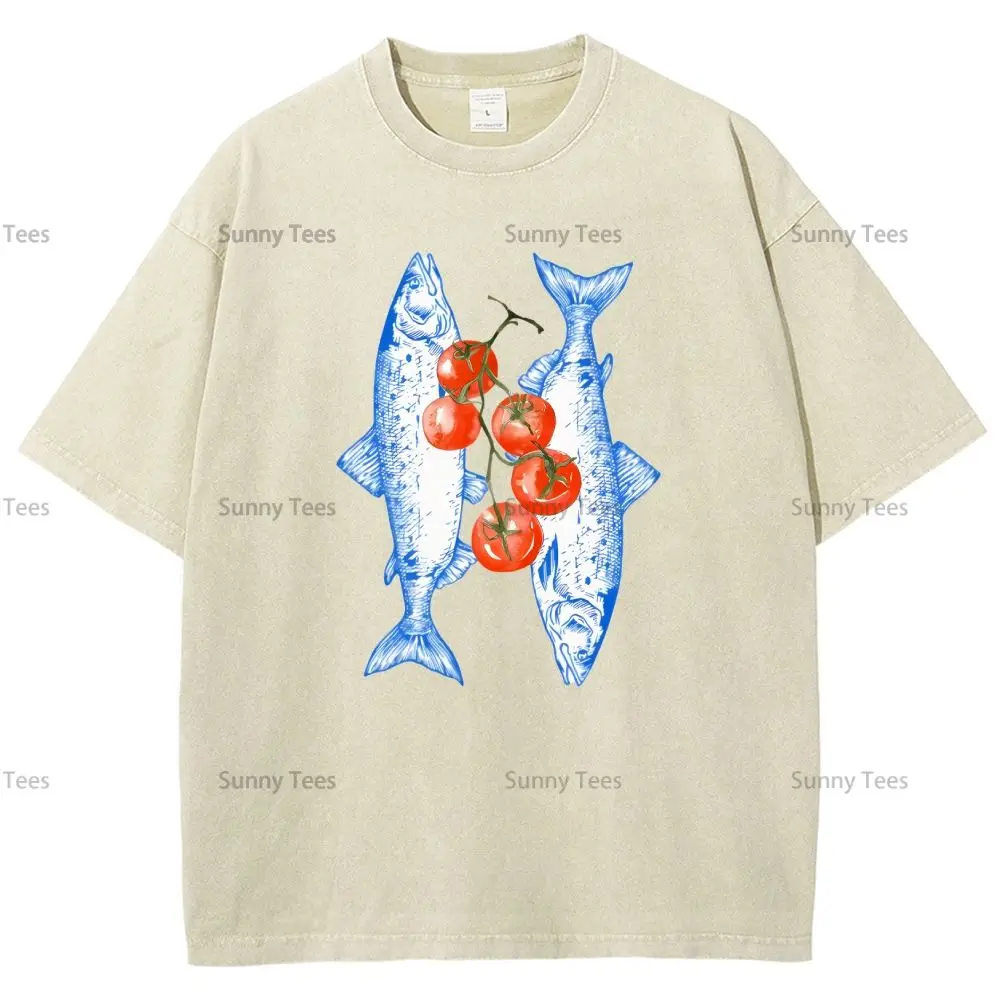 

Y2k Oversized T-Shirt Women 100% Cotton Sardines and Tomatoes Printed Short Sleeves High Quality Summer Gothic Loose Top