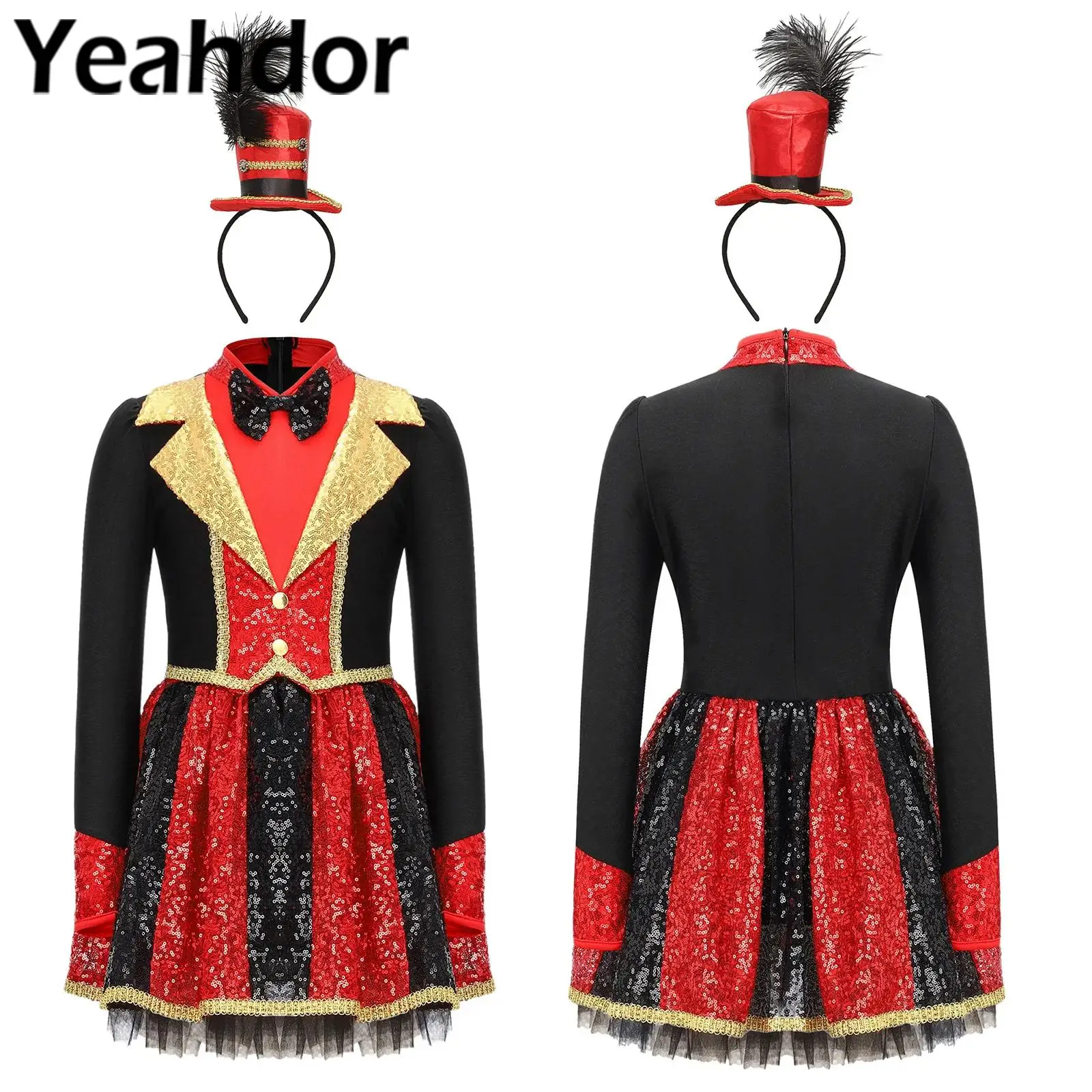 

Детские костюмы циркового манежа для девочек, праздничное платье на Хэллоуин, пышное платье с блестящими пайетками и галстуком-бабочкой с длинными рукавами и цилиндром