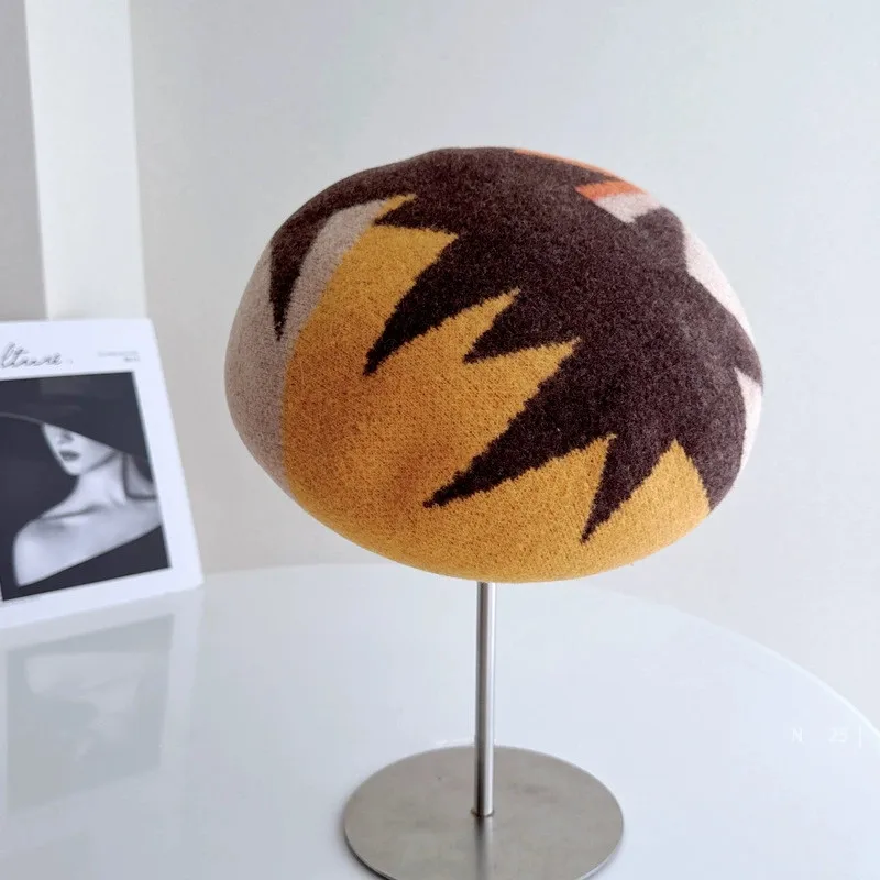 Geometric Color Block Beret Women Autumn and Winter Warmth Wool Knitted Beret Hat Abstract Collision Color Painter's Hat