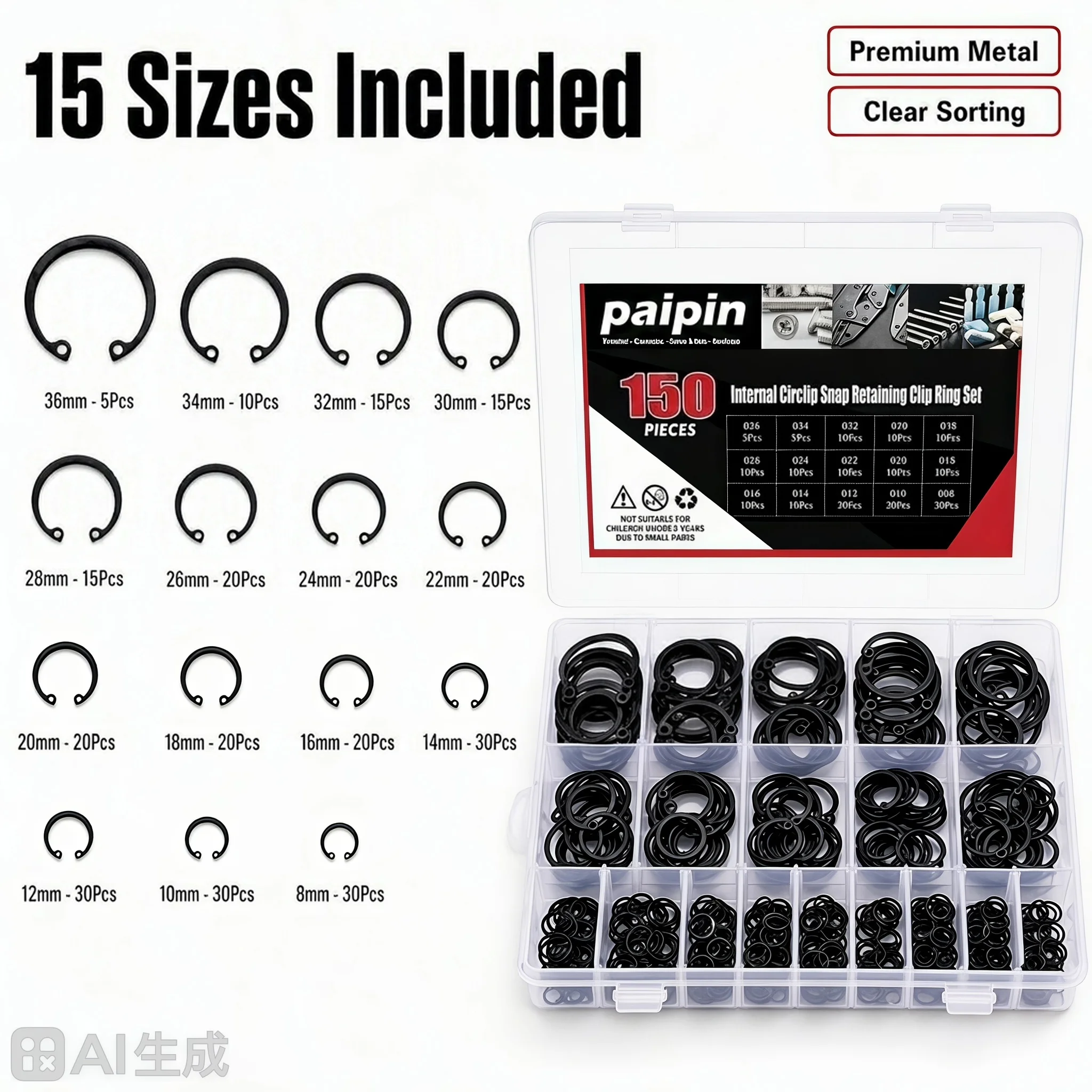 150Pcs Metric Internal Circlips Snap Retaining Ring Assortment Kit 15 Sizes Black Alloy Steel for Precision Mechanical Applicati