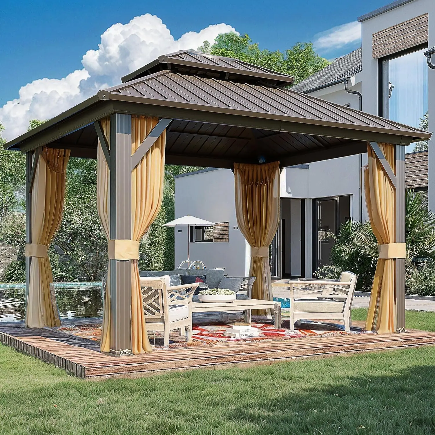 

10x12 Hardtop Gazebo Aluminum Double Roof Curtain Netting Patio Lawn Deck Steel Frame Brown, Customized