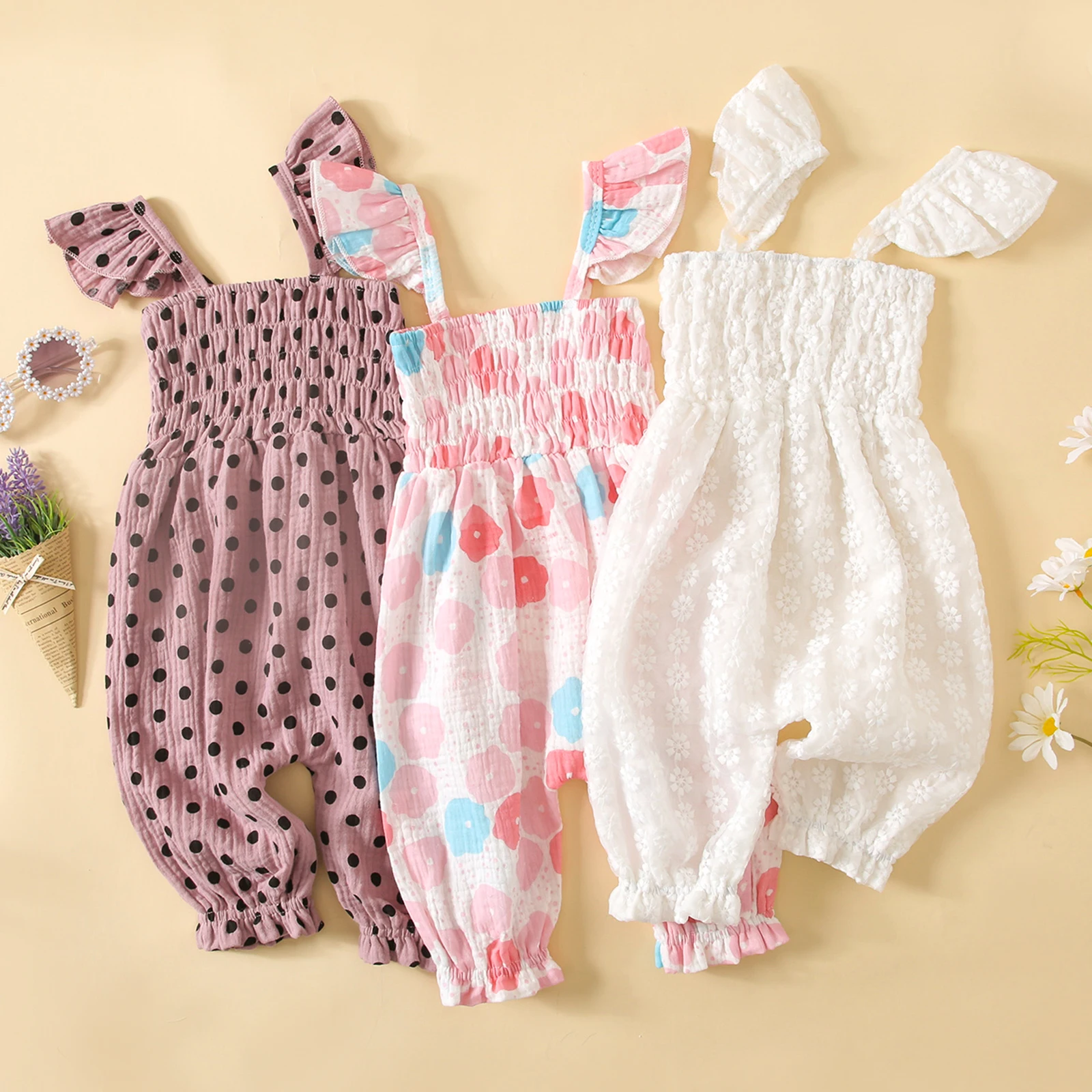 

0-24 Months Infant Girls Casual Summer Jumpsuit Dots Doughnut Flower Print Fly Sleeves Romper Casual Cute Daily Wear Hot Sale