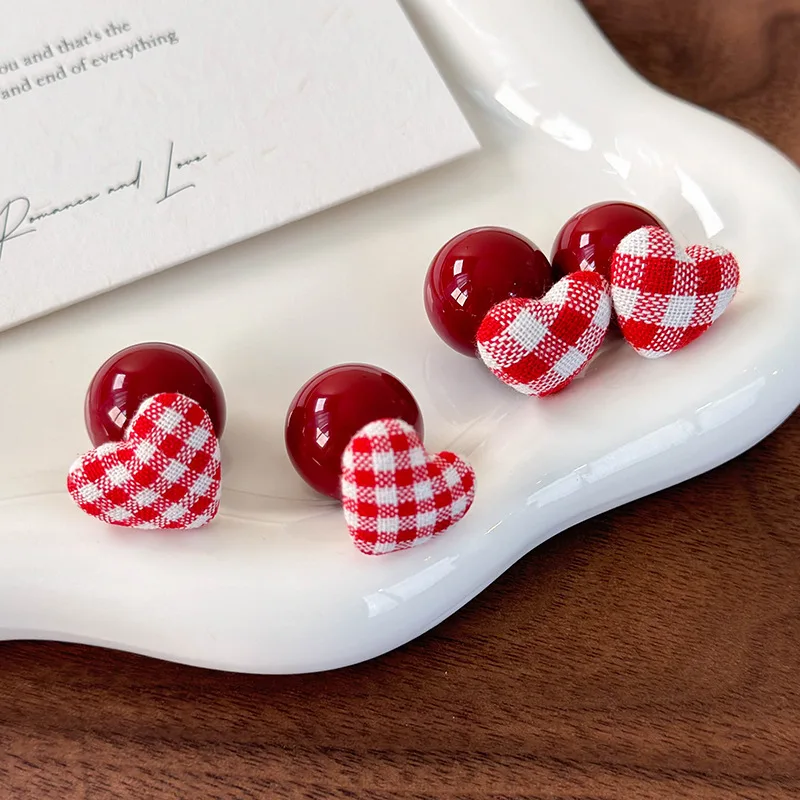 Earrings Plaid Red White Heart Dangle Red Beaded Acrylic Lightweight Cute Preppy Stud for Women Daily Gift