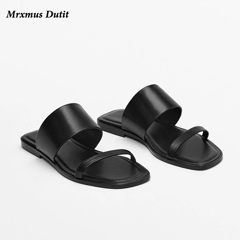 Mrxmus Dutit 2024 New Summer Fashion Genuine Leather Open Toe Flat Sandals Women Slippers Solid Simple Casual Beach Shoes Female