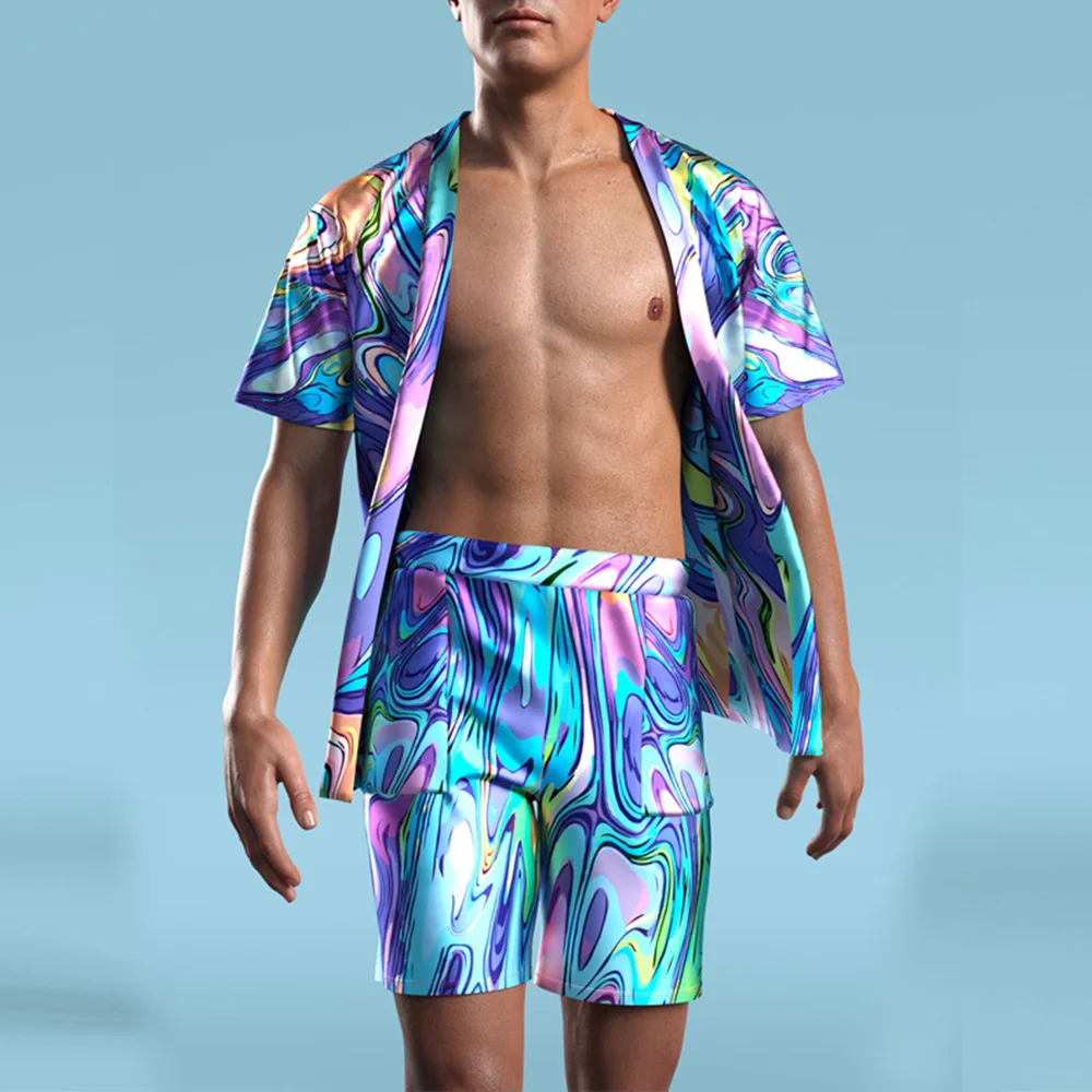 Mens Neon Cyber Style Shirt And Shorts Suit Fashion Personality Beach Vacation Versatile Two-Piece Suit Men'S Clothing 2024 New