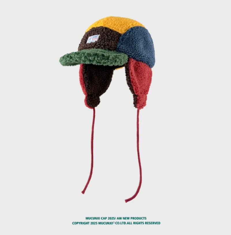 2025 nuevo lindo Puff Rana alas de lana de cordero sombrero de bombardero de 5 paneles otoño e invierno cálido sombrero de piloto de esquí