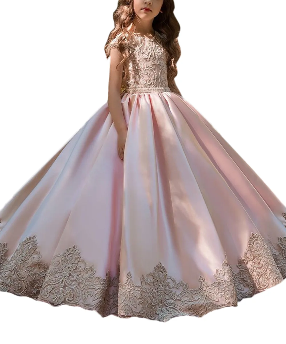 Elegant Satin Flower Girl Dresses for Wedding Sleeveless Applique Princess Dress Weddings First Communion Pageant Birthday Gowns