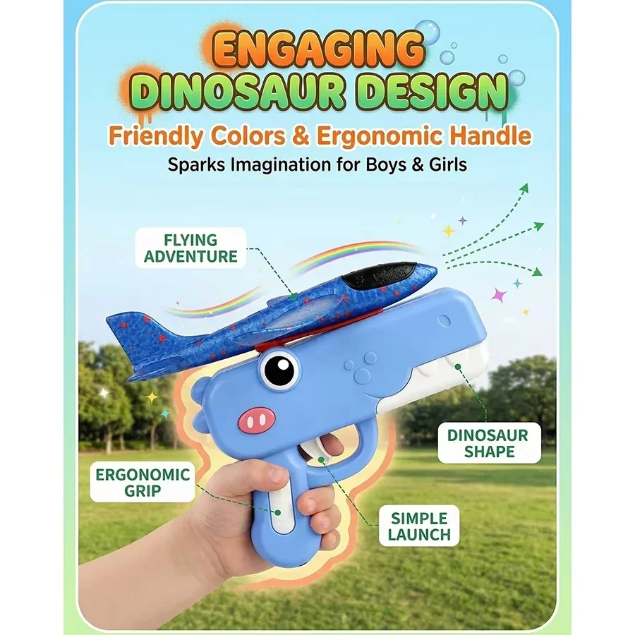 Dinosaur Foam Airplane Launcher Toys for Kids Foam Glider Planes Outdoor Flying Catapult Gun Aircraft Toy Foam Plane Toy for Boy