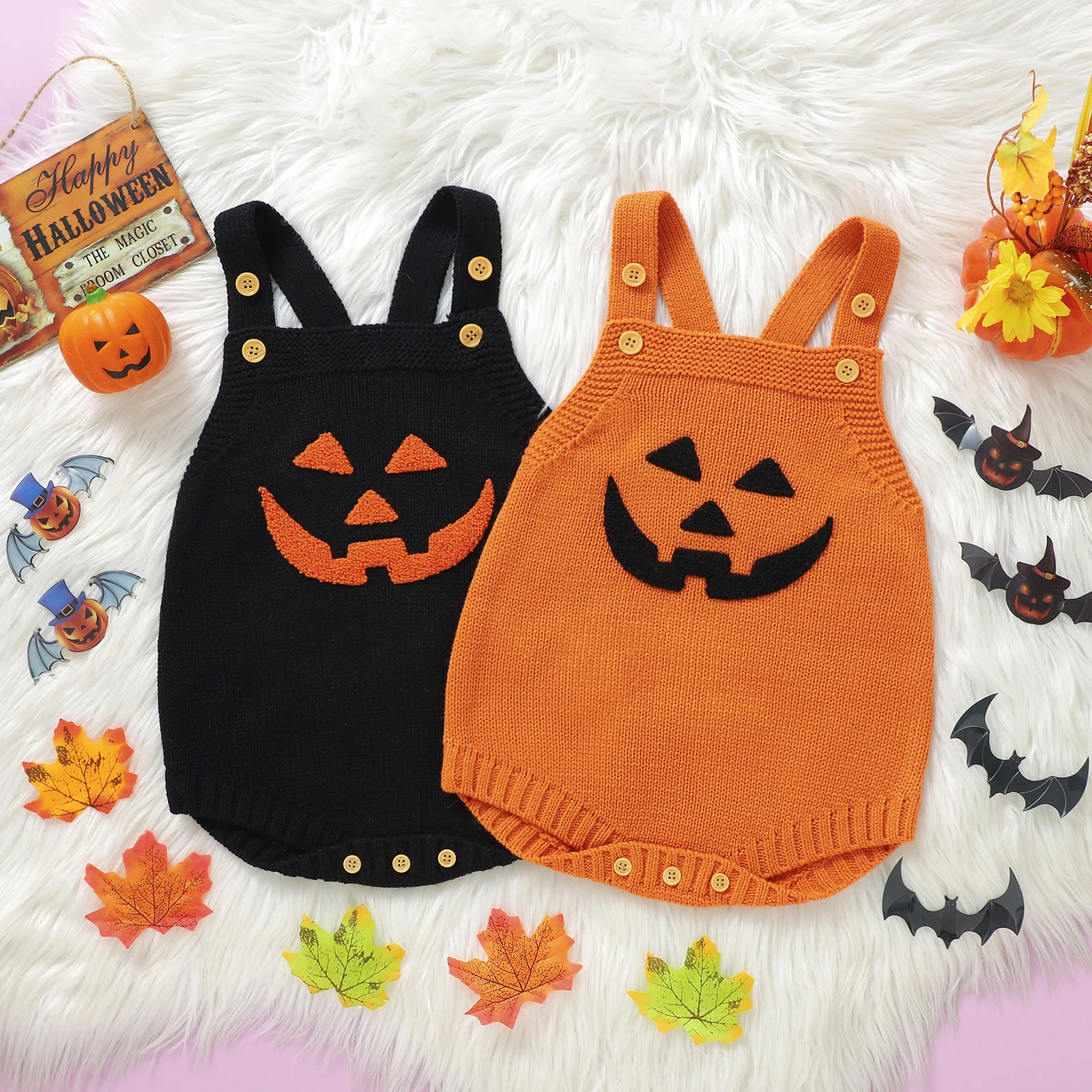 

Baby Knit Romper Sleeveless Witch Pumpkin Embroidery Grimace Bodysuit Overalls Halloween Clothes for Girls Boys