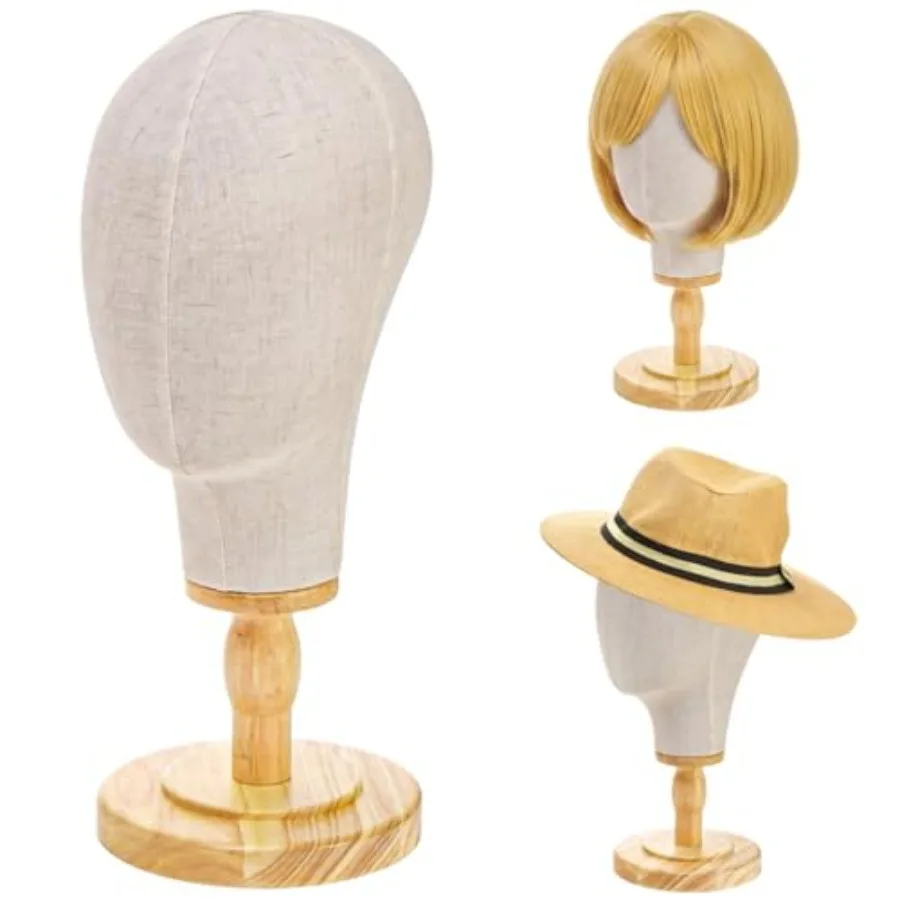

21 Inch Mannequin Head, Canvas Wig Stand with Detachable Wood Stand, Linen Hat Display Model Head for Caps, Headdress, Wig Maki