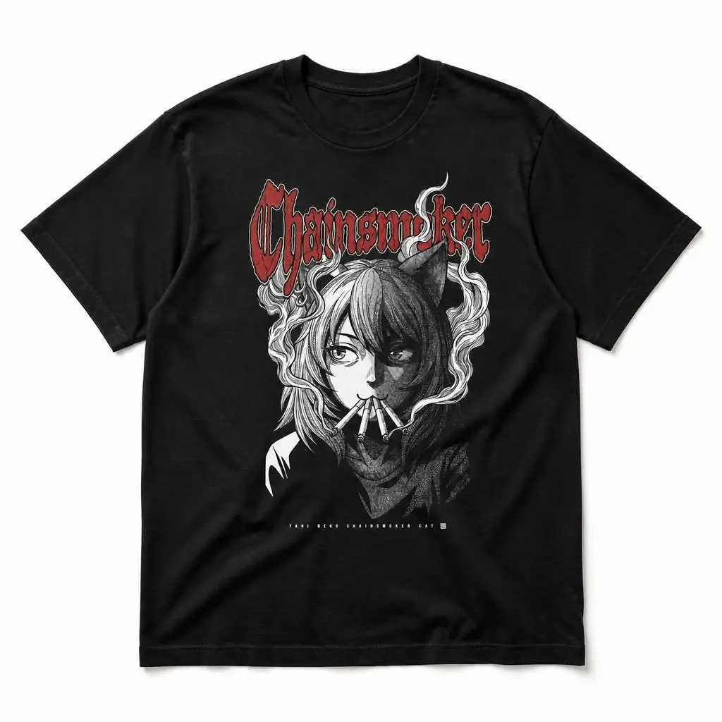 Also, Neko Chainsmoker Katzen-T-Shirt für Männer, 100 % Baumwolle, lustiges T-Shirt mit kurzen Ärmeln, Geschenk-T-Shirts. – Detail 1