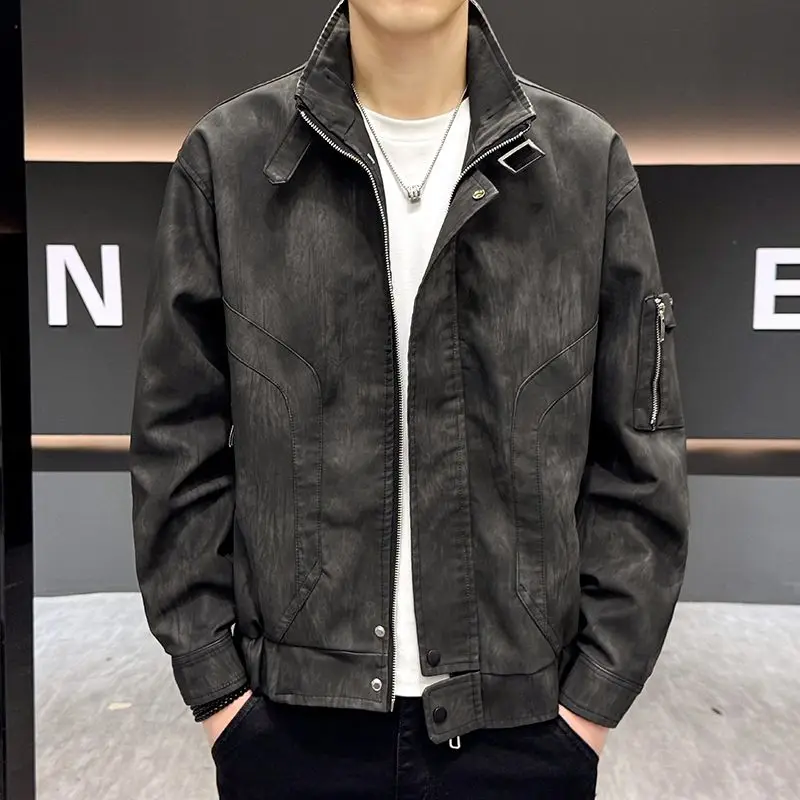 الأصلي صافي الصورة PU957 القهوة بلا جايت فضفاضة تناسب سستة مزين الحديد خالية البوليستر ملابس خارجية غير رسمية للمراهقين