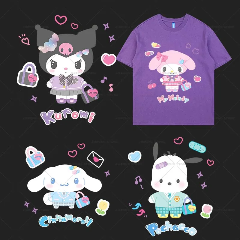 School Cinnamoroll Iron on Patches for Clothes Heat Transfers Sanrio Kuromi Melody Printed Thermal Stickers on T-shirt Decor DIY
