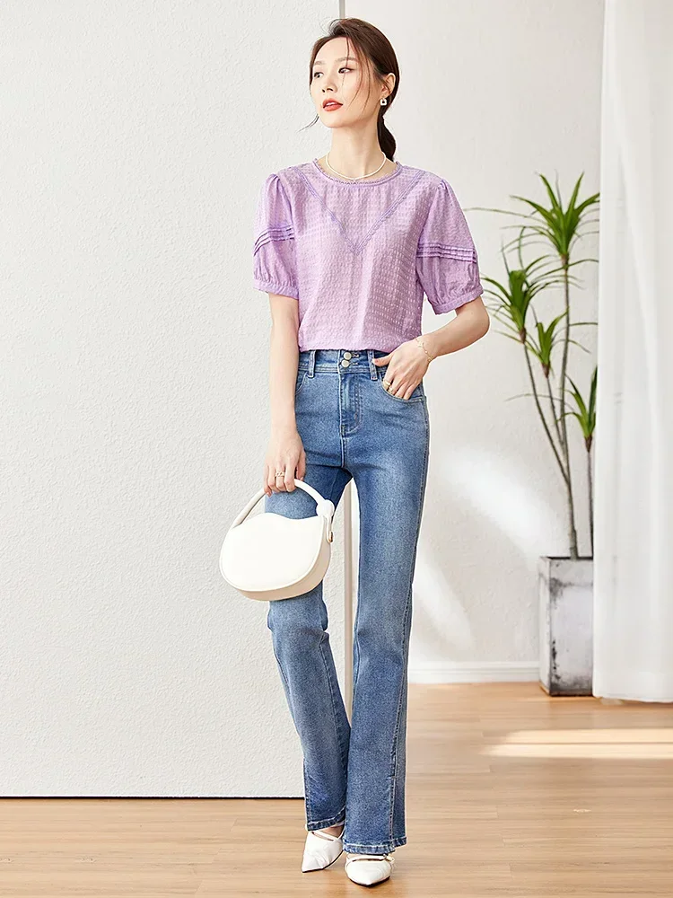 Vimly Summer Lyocell Blend Ladies Tops and Blouses 2023 Elegant Patch Lace Round Neck Puff Sleeve Purple Blouse Women Clothes