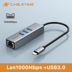 CABLETIME Eethernet USB 3.0 Type C RJ45 1000Mbps Lan Port USB C Hub Docking Station Converter for Laptop LAN Network Card Box