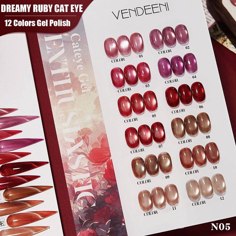 

Vendeeni 12 Colors/Set Glitter Powder Cat Eye Gel Nail Polish UV LED Dreamy Ruby Crystal Magnetic Nail Varnish With Color Card